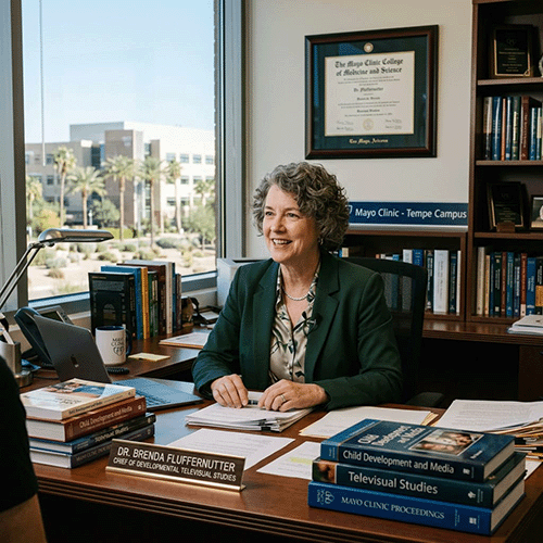 Dr. Brenda Fluffernutter, Chief of Developmental Televisual Studies at the Mayo Clinic's satellite campus in Tempe, Arizona.