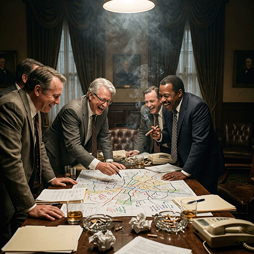 Artist illustration of how G.O.P. politicians undertook the solemn task of redrawing their own voting districts.